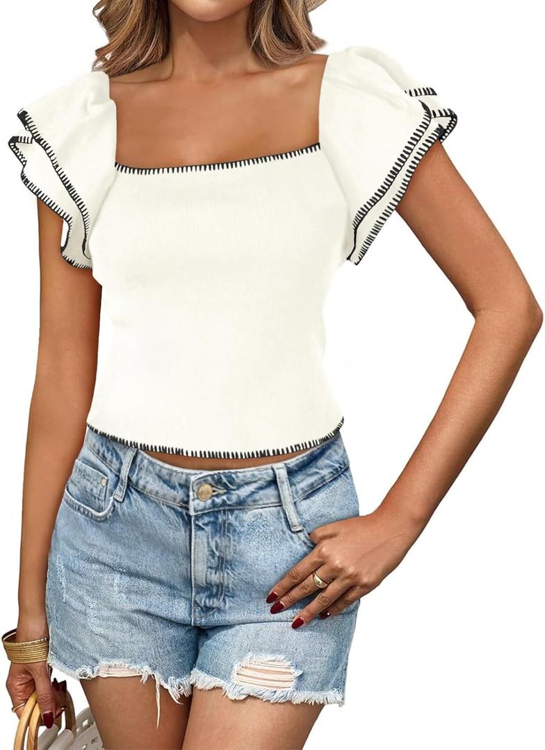 Saodimallsu Women's Square Neck Ruffle Short Sleeve Cropped Sweater (Large, White)