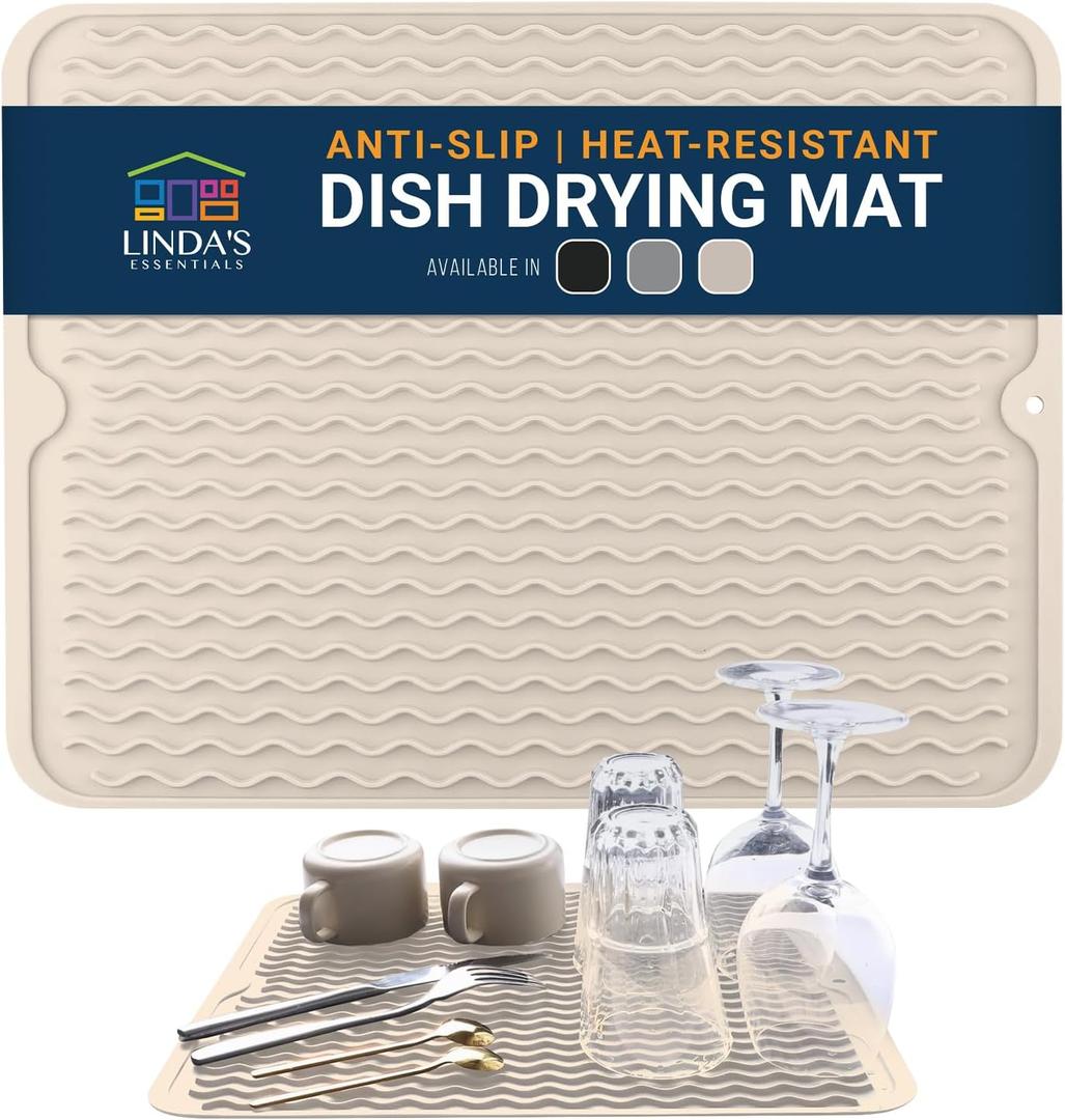 Silicone Dish Drying Mat for Kitchen Counter - Multi-Use 18 x 16 Inch Pad, Non-Slip & Heat-Resistant, Perfect Dish Drainer Mat by Lindas Essentials, Ideal Kitchen Accessory (Beige)