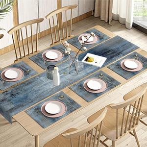 Emvency Vintage Blue Grey Table Runner and Placemats Set of 6, Modern Abstract Painting Art Dining Decor for Daily Use (1 Table Runner 72 inches Long and 6 Placemats)