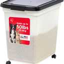 IRIS USA Dog Food Storage Container 50 lbs, with Removable Rolling Wheels, for Dog Cat Bird and Other Pets, Food Storage Bin, Keep Fresh, Made in USA, Pearl/Black
