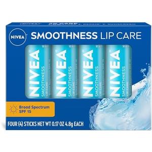 NIVEA Smoothness Lip Care, Sunscreen Lip Balm with SPF 15 Broad Spectrum, Shea Butter, Nourishing Oils and Vitamin C & E, 3-in-1 Moisture, Repair and Sunscreen, 0.17 Oz Stick, Pack of 4