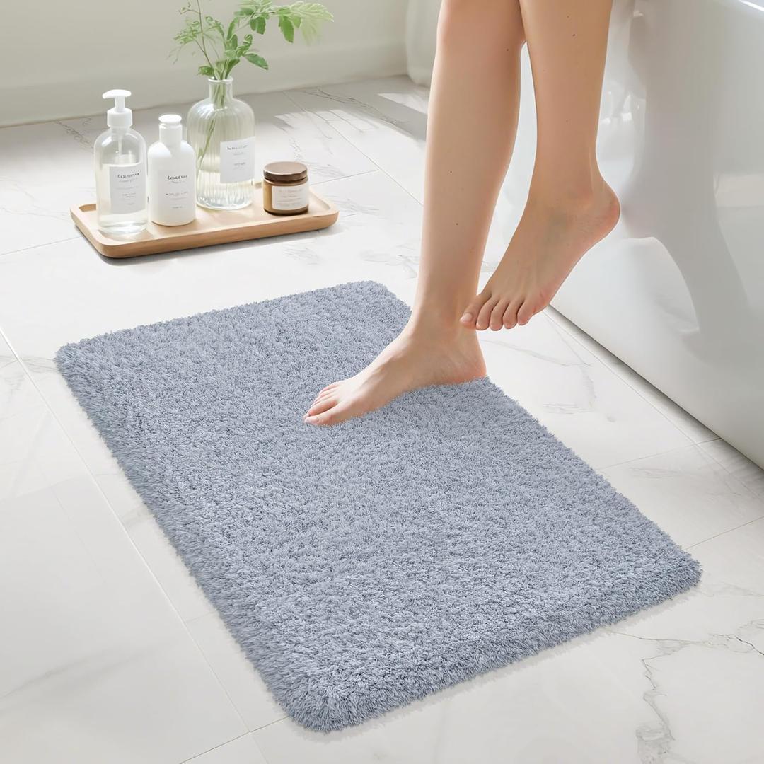 Bathroom Rugs Non Slip 24"x16", Absorbent Bath Mats Quick Dry, Shaggy Microfiber Bath Rugs, Extra Soft Plush, Machine Washable Bath Mats for Bathroom Floor, Tub and Shower, Blue Grey