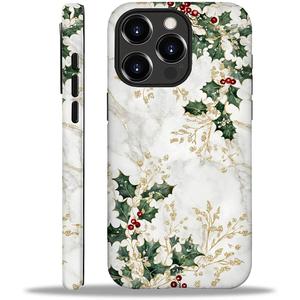 CARLOCA for iPhone 15 Compatible with Magsafe Full Body Protective Glossy Case, for Girl Boy Shockproof Magnetic Charge Esthetics Pattern White Marble Green Holly Leaves Golden Christmas