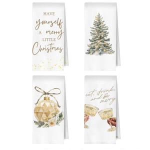 Gold Christmas Kitchen Towels Set - Champagne Gifts Waffle Weave Dish Towels for Kitchen, Have Yourself a Merry Little Christmas Hand Towel, Champagne Gifts Tea Towel, 16x24 Inches Set of 4