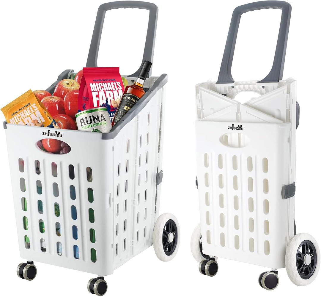 Portable Folding Shopping Cart,White Foldable Grocery Cart on Wheels,Collapsible Rolling Trolley Cart,Rolling Swivel Wheels,Utility Carts for Grocery Laundry Shopping Home