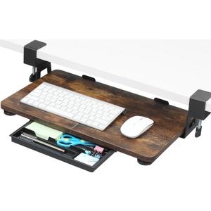ETHU Keyboard Tray Under Desk, 19.7" X 11.81" Small Size Keyboard Drawer with C Clamp-on Mount Easy to Install, Computer Keyboard Stand Slide Pull Out, Ergonomic Keyboard Tray for Home, Office (Wood)