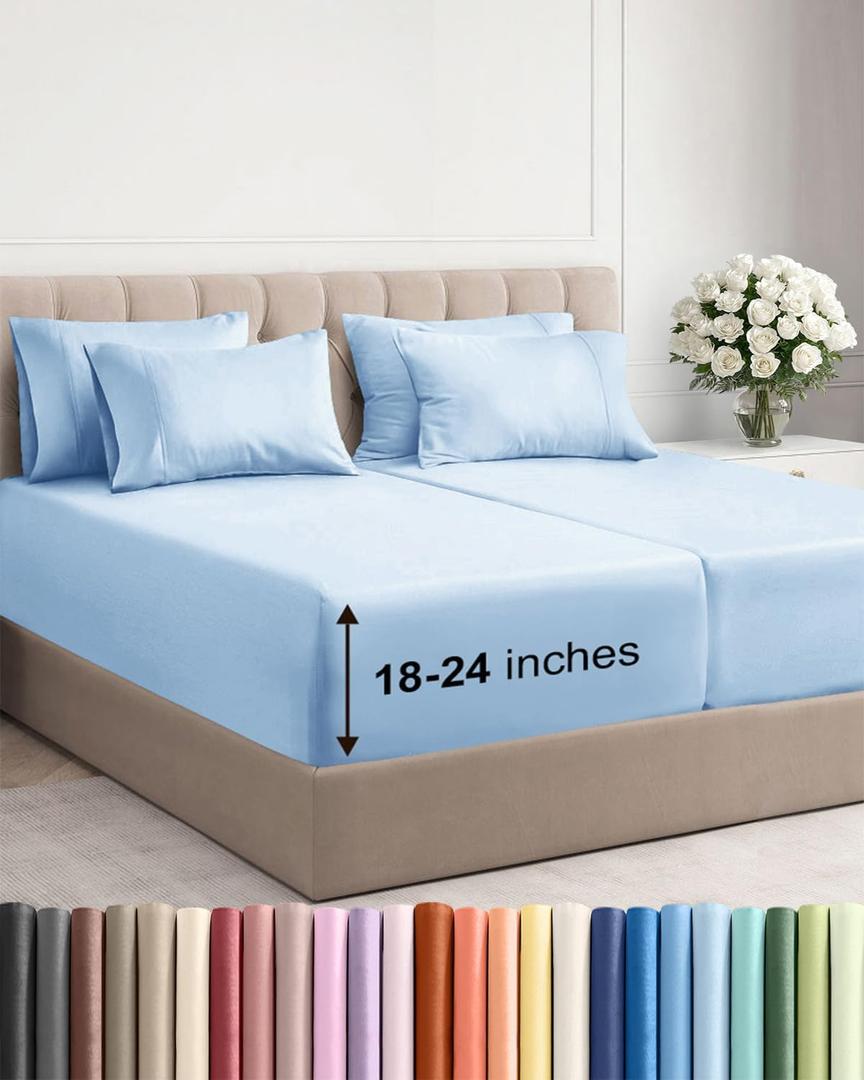 Extra Deep Split King Sheet Set - 7 Piece Breathable and Cooling Sheets - Hotel Luxury Bedding for Women, Men, Kids & Teens - Easy Secure Fit - Soft & Wrinkle Free - Extra Deep Pockets - Light Blue (21 - Baby Blue)