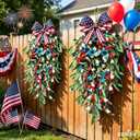 2 Pack 21'' 4th of July Swag Wreaths for Cabinets Independence Day Floral Teardrop Wreath with Artificial Flower and Eucalyptus Leaves Wreath Hanger for Farmhouse Front Door Porch Window Wall