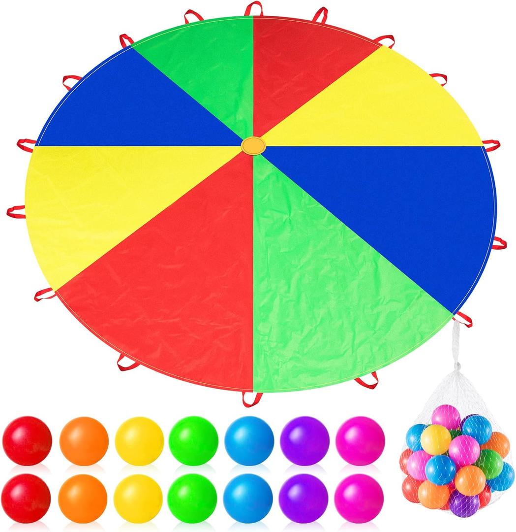 Wettarn Parachute 12 ft for Kids with Handles and Plastic Balls Rainbow Parachute Toy Tent Game for Kids Cooperative Games and Outdoor Playground Activities