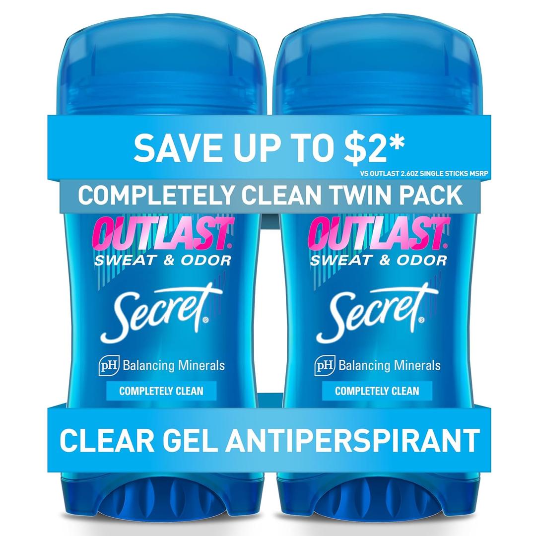Secret Outlast Antiperspirant Deodorant for Women, 72hr Sweat & Odor Protection, PH Balancing Minerals, Pro-Hyaluronic Acid, Clear Gel, Completely Clean Scent, 2.6 oz (Pack of 2)