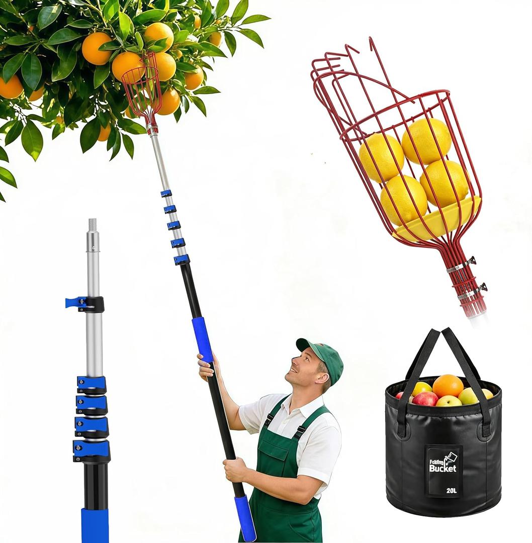 AgiiMan 28 Reach Fruit Picker with Telescopic Extension Pole and 20L Bucket, 5 to 20 FT Fruit Picker Pole Lightweight and Sturdy Aluminum Telescopic Pole, Easy to Assemble Fruit Picking Basket