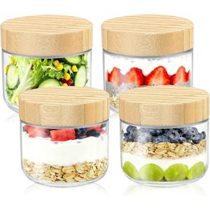 DRKIO 10 Oz Overnight Oats Containers with Bamboo Lids - 4 Pack Glass Storage Jars with Airtight Lids Wide Mouth Mason Food Jars Great for Meal Prep Salad Chia Pudding Snacks Yogurt Sugar Spice