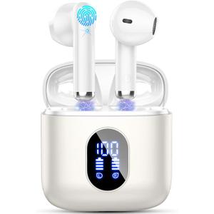 Wireless Earbuds, Bluetooth Headphones 5.4 with ENC Noise Cancelling Mics, 30H Bluetooth Ear buds 3D Bass with LED Display Charging Case, IP7 Waterproof Wireless Earphones for Android, iOS, Pearlwhite