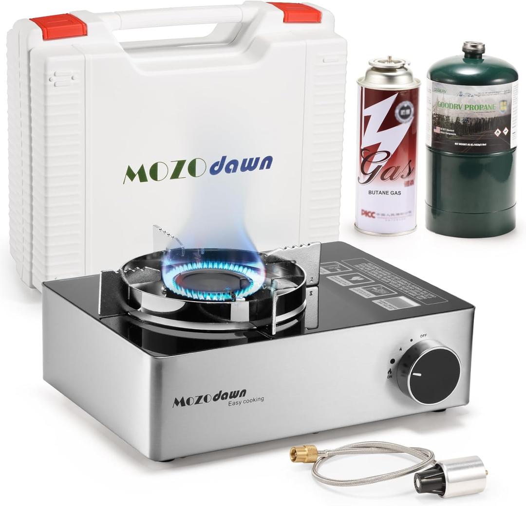 Dual Fuel Camp Stove, 12000 BTU Portable Propane/Butane Stove with Case, Adapter Hose, Wind Guard, Single Burner Propane Stove for Home Kitchen, Camping, Picnics, Hiking, Fuel Not Included