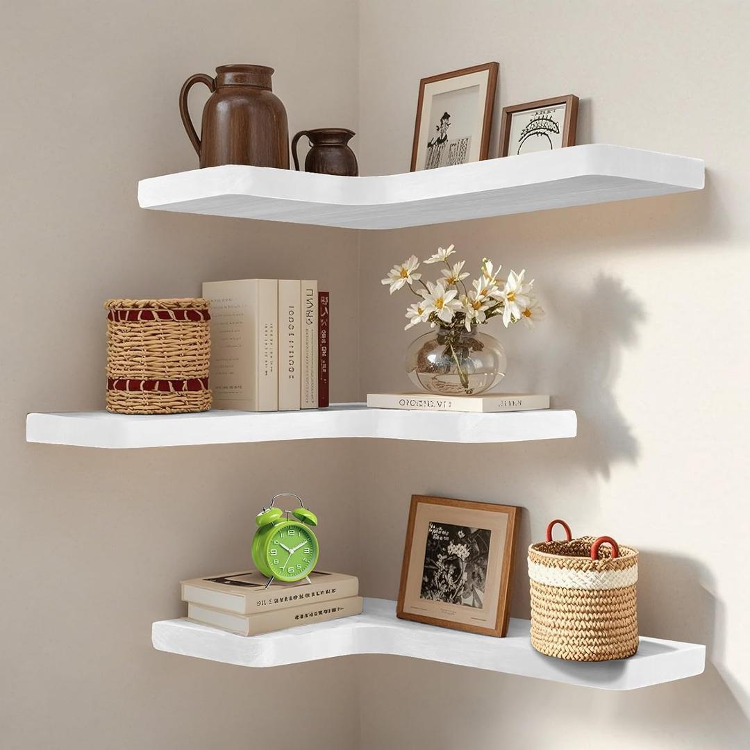 Floating Corner Shelves Set of 3, Solid Wood Picture Wall Shelf, Floating Shelves for Storage for Bedroom Kitchen Bathroom Living Room (White)