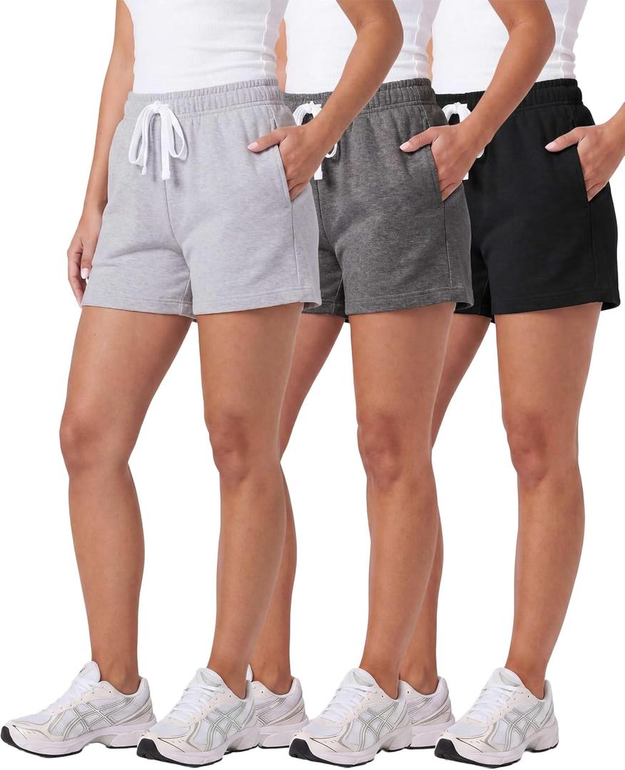 Real Essentials 3 Pack: Women’s Cotton French Terry Shorts Pockets - Casual Athletic Lounge 
