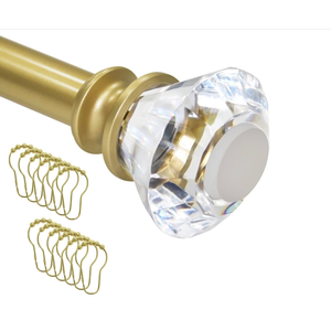 Gold Shower Curtain Rod 34-82 Inch, Tension Shower Curtain Rod No Drill-Adjustable 34-82 Inches with 12 Shower Curtain Rings-No Drill, Rust Proof, Non-Slip with Acrylic Finials