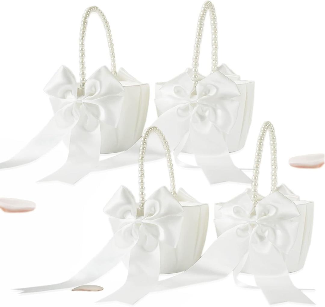 Flower Girl Basket with Pearl Handle, Ivory Fariy Wedding Baskets for Flower Girls, Set of 4