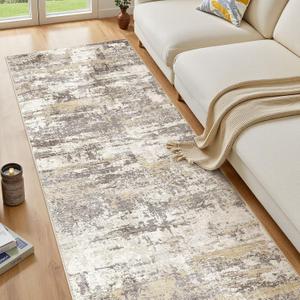 Hallway Washable Runner Rug: 3x8 Abstract Modern Soft Stain Resistant Non-Slip Backing Runner for for Entryway Kitchen Laundry - Gold Brown