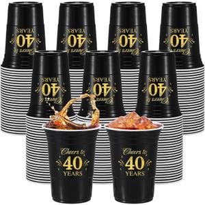 Ziliny 100 Pcs 40th Birthday Plastic Cups Bulk, Cheers to 40 Years 16 oz Disposable Black Gold Cups for Men Women 40th Birthday Wedding Anniversary Party Favors Decoration Hot Cold Drinks Supplies