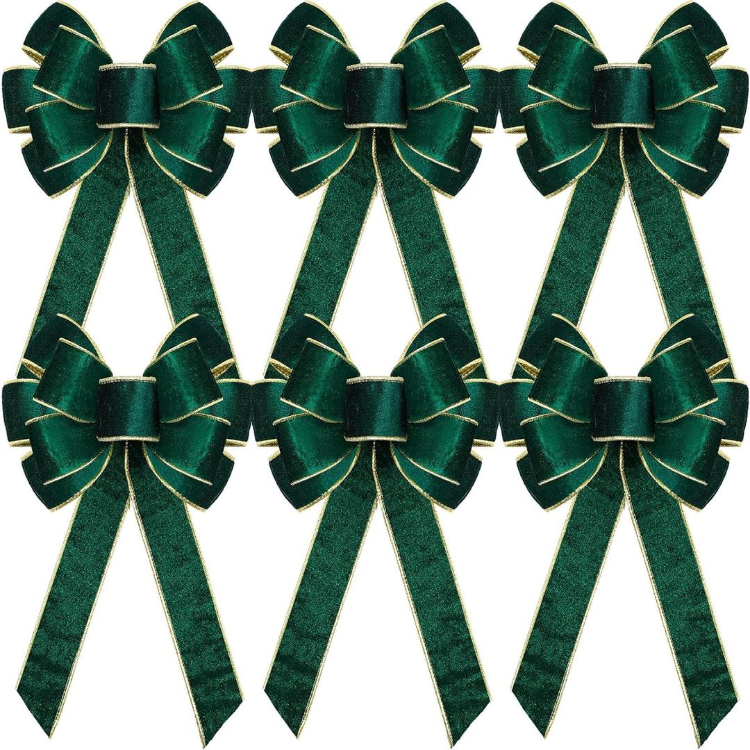 Lenwen 6 Pcs Large Christmas Bows Velvet Christmas Wreath Bows Christmas Tree Topper Bow with Golden Edge Big Xmas Ornament for Wreath Gift Home Front Door Decor (Green,11 x 19.6 Inch)
