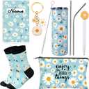 Panitay 6 Pcs Daisy Gifts Set for Women Daisy Flower Themed Stainless Steel Tumbler 20 Ounce with Straw and Brush Socks Cosmetic Bag Notebook Pen Keychain Party for Women Spring Birthday Supplies