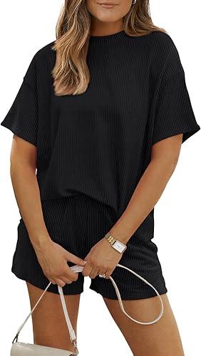 LILLUSORY Womens 2 Piece Short Set Summer Lounge 2026 Travel Vacation Beach Cruise Matching Outfit Ribbed Loungewear S