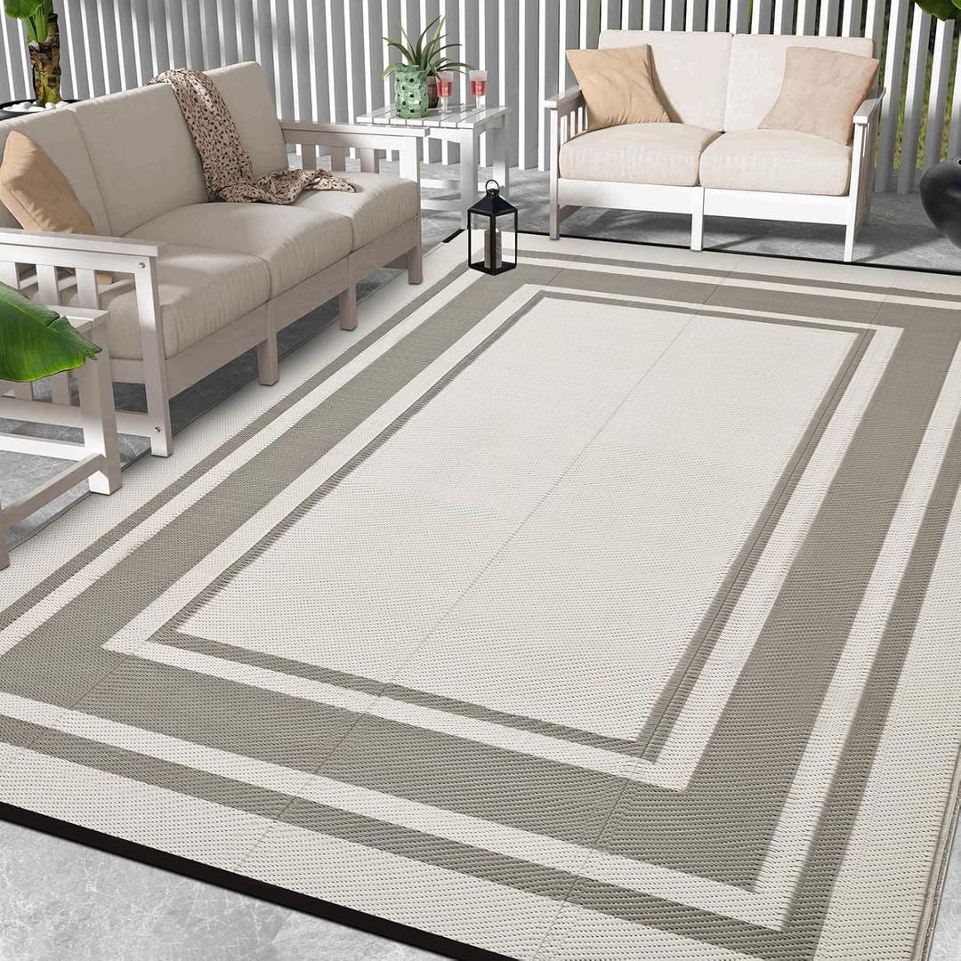 Outdoor Rug 8x10 Ft Waterproof Plastic Straw Rugs for Patio,RV,Beach,Camping, Backyard,Porch, Picnic - Grey&White (Bordered-taupe&white)