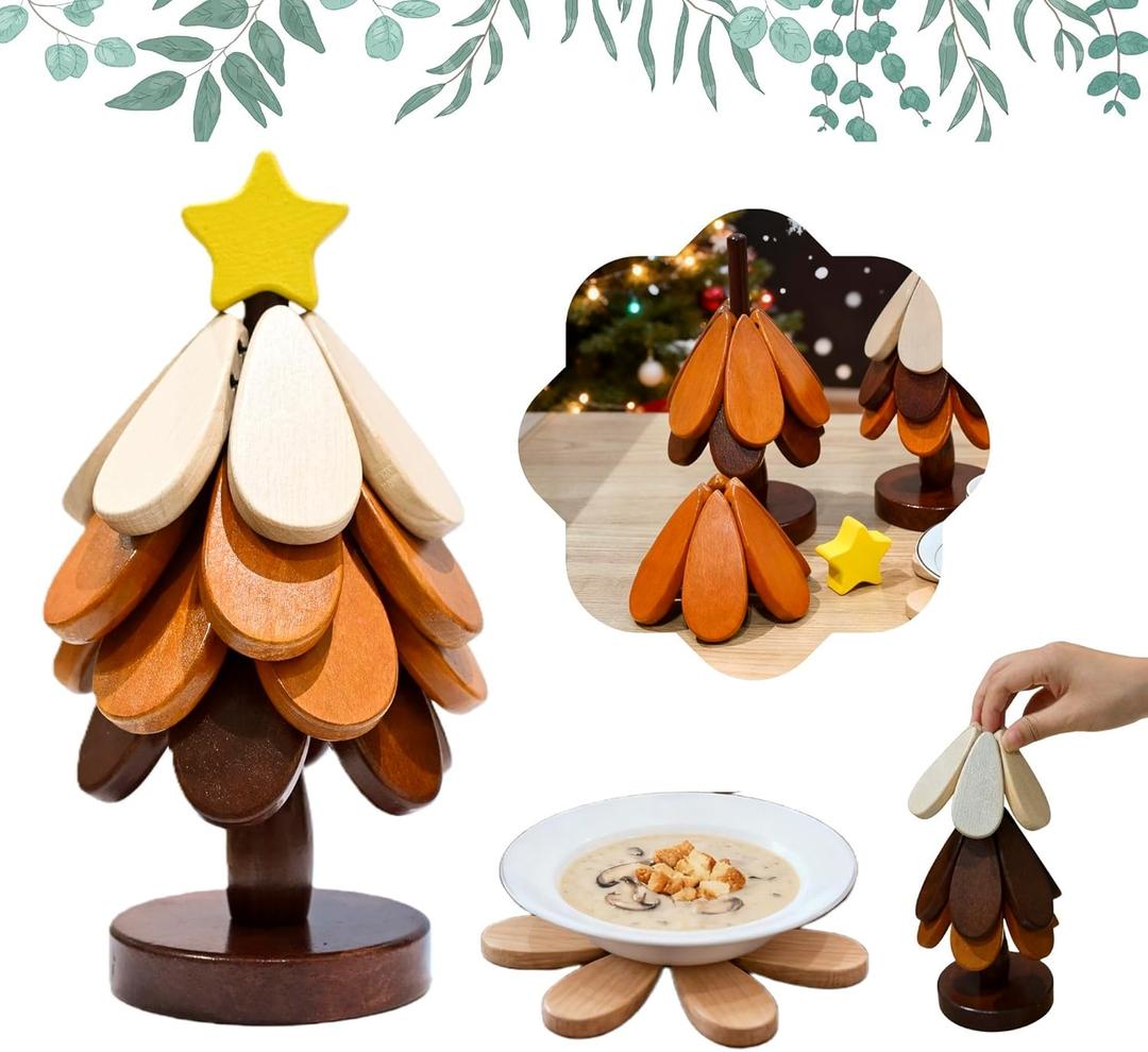 Wooden Tree Trivet for Hot Dishes,Natural Christmas Tree Trivets Set of 4,Tree Shape Trivet for Hot Pot Pans,Table Decor Coaster for Bowls Teapots Drinks Plates, Home Kitchen Decor