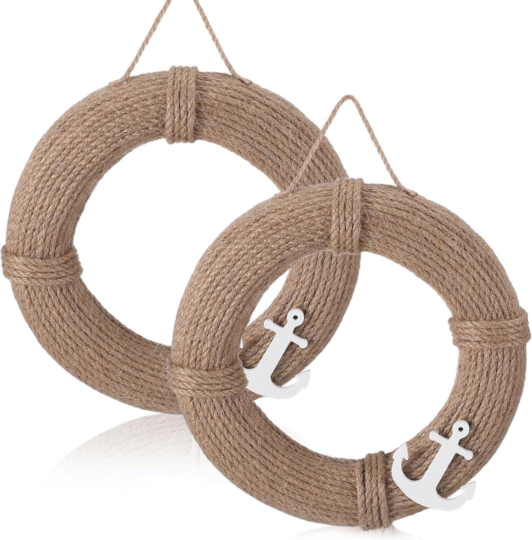 Xuhal 2 Pcs Nautical Decor Farmhouse Lifebuoy Wall Hanging Decor 9.8 Inch Rustic Life Preserver Ring Decoration with Anchor Hemp Rope Safety Ring Ornament for Ocean Beach Theme Home Boat Door Wall Art