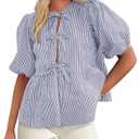 PRETTYGARDEN Women's Tie Front Striped Shirt 2026 Summer Trendy Fashion Cute Babydoll Tops Peplum Puffy Sleeve Blouse (Navy,XX-Large)
