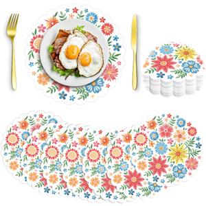 100pcs 13.5" x 13.5" Round Disposable Floral Place Mats  Embroidered Spring Design Embroidered Flowers Place Mat for Summer Table Setting