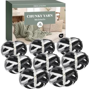 Jumbo Chenille Chunky Yarn for Crocheting - Super Bulky Fluffy Chunky Yarn for Hand Knitting - Extra Thick Soft Blanket Big Yarns 8 Jumbo Pack (27yds,8 oz Each Skein) (Black&Grey&White)