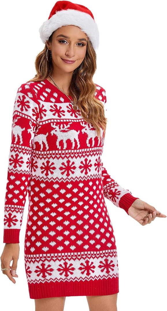 Ugly Christmas Sweaters Dresses with Santa Hat Knit Sexy Christmas Outfits for Women (Large, Reindeer Snowflake Red)