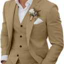 Men's 3 Piece Linen Suits Casual Lightweight Blazer Jackets Vest Pants Set for Wedding Business Prom Suit (Large, Khaqi)