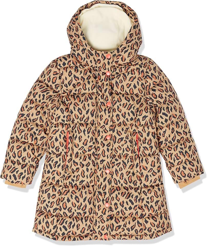 Amazon Essentials Toddler Girls' Long Heavyweight Hooded Puffer Jacket, Camel Cheetah Print, 2T