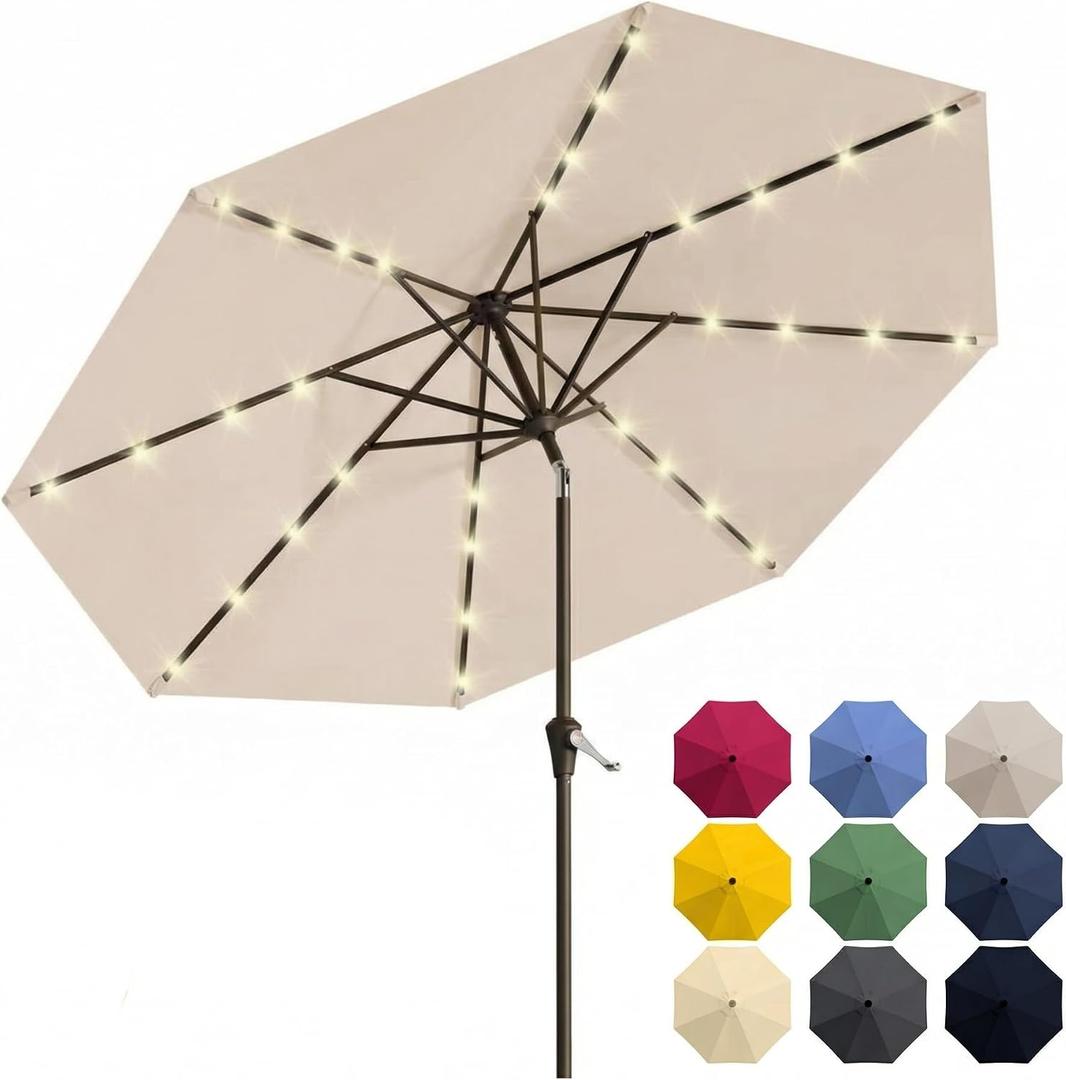 10FT Solar Patio Umbrella with Lights, Outdoor Table Market Umbrella with 32 LED Lights, 8 Sturdy Ribs, Push Button Tilt and Crank for Pool, Deck and Garden, UV-Resistant