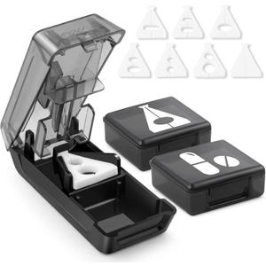 Fullicon Pill Cutter for Small or Large Pills, Pill Splitter with V-Shape Holder, Medicine Slicer with Sharp Blade,Tablet Splitter with Two Large Pill Organizers-Black