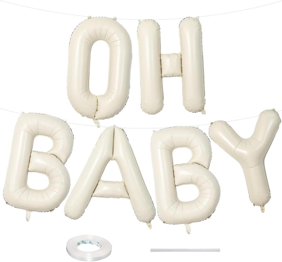 40 Inch Beige OH BABY Balloon for Baby Shower, Large Cream White Oh Baby Balloons Letters with Ribbon, Neutral Ivory Alphabet Oh Baby Balloon Banner Sign for Gender Reveal Backdrop Party Decorations