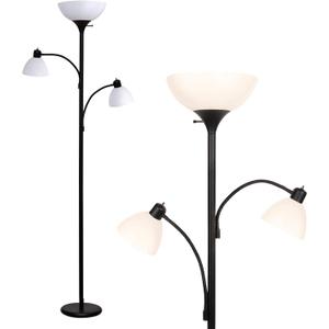 Brightech Sky Dome Double LED Floor Lamp, Torchiere Super Bright Floor Lamp with 2 Reading Lamps for Living Rooms & Offices - Dimmable Tall Standing Lamp for Bedroom Reading - Tall Black Pole