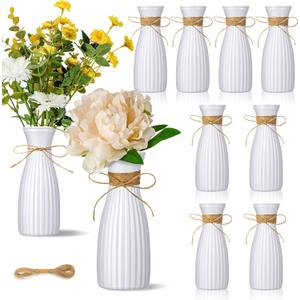 10 Pcs Plastic Flower Bud Vases Bulk with Twines Ropes Small Mini Flower Vases for Centerpieces Decorative Plastic Bottles for Wedding Reception Dining Table Home Decoration (White)