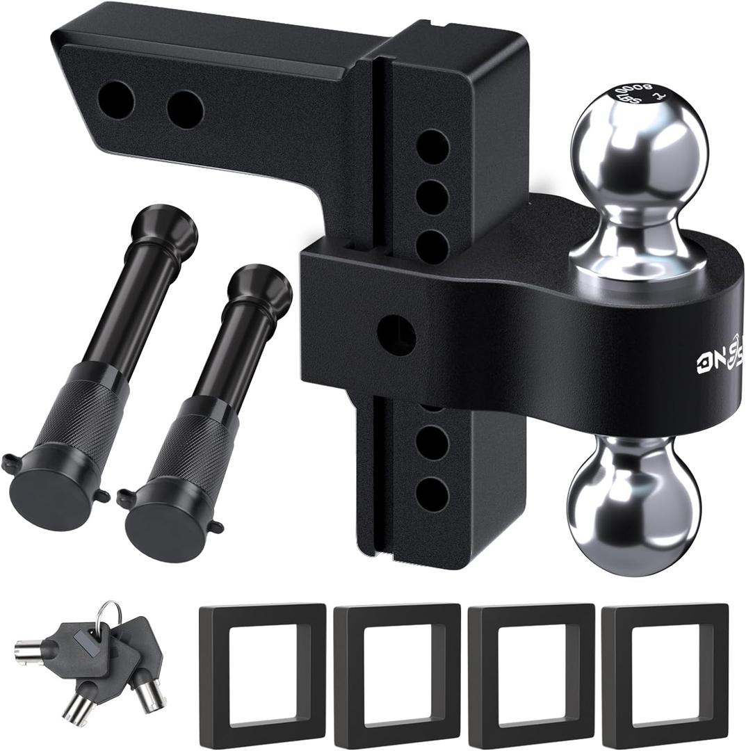 Adjustable Trailer Truck Drop Hitch - Fits 2 Inch Receiver Only, 8 Inch Drop Dual Ball Mount 2" and 2-5/16" Up to 12,500 LBS GTW, Heavy Duty Aluminum Towing Hitch with 2 Hitch Locks & 4 Silencer Pads (Black)