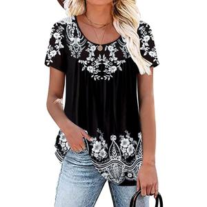Women's Summer Short Sleeve Tunic Plus size ladies shirts Floral Blouse Loose Flowy Tops for Leggings 4XL (A 03-black -Flower)