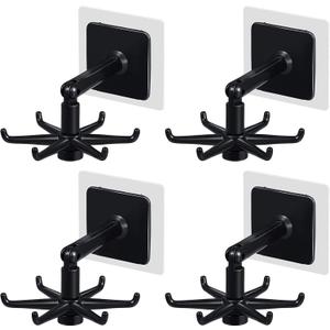 Hanging Utensil Holder Hooks Kitchen Utensil Hanger Wall Mount 360 Degrees Rotating Folding Hook Self Adhesive Hook Utensil Rack with 6 Hooks for Kitchen Bathroom Cabinet (4 Black)