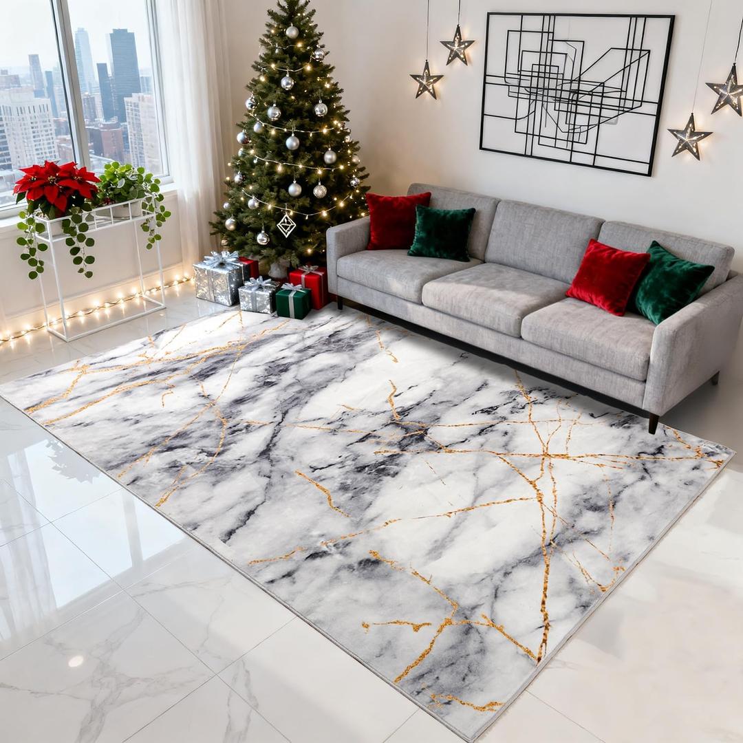 Non-Slip Marble Pattern 5x7ft Area Rug with Gold Veins, Low Pile Modern Minimalist Design, Durable & Easy - Clean, Perfect for Living Room, Bedroom, or Dining Room-Golden Gray