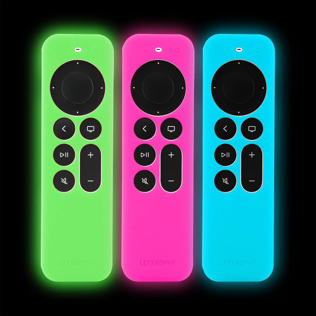 LEFXMOPHY Protective Case for Apple TV Siri Remote 2023 2024 2021 2022, Silicone Cover for 4K HD Controller 2nd 3rd Gen, 3-Pack Green, Hot Pink, Blue Sleeve Glow in Dark with Lanyard