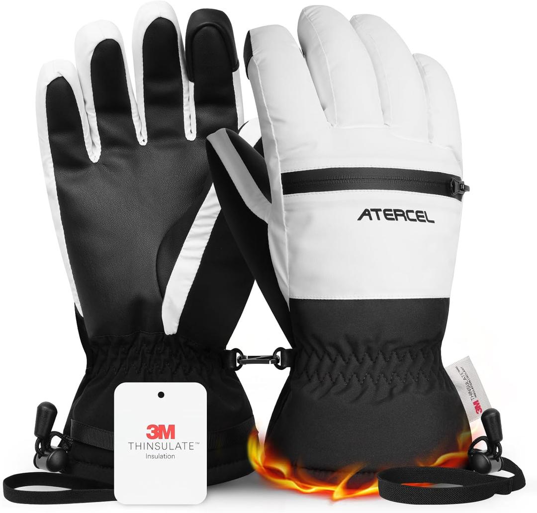 ATERCEL Waterproof Ski Gloves, Warm 3M Thinsulate Gloves, Touchscreen, for Men Women in Skiing, Snowboarding, Hiking (Small, White)
