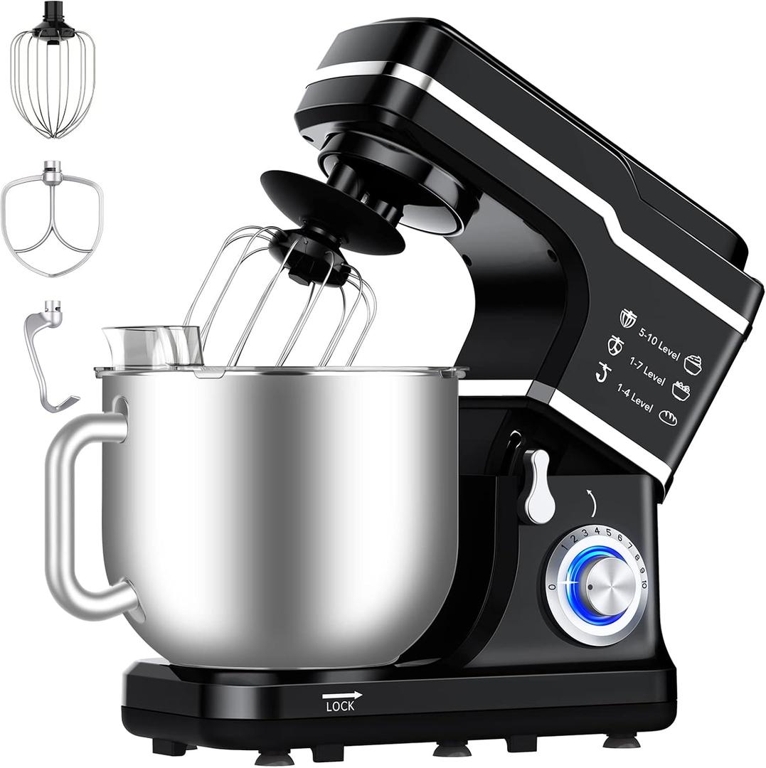 Garvee 7.5 QT Stand Food Mixer, 10-Speed Tilt Head 3 in-1 Kitchen Electric Mixer with Stainless Steel Bowl, Egg Whisk, Dough Hook, Beater, Splash Guard, Compact Dough Mixer for Home Cooks, Black