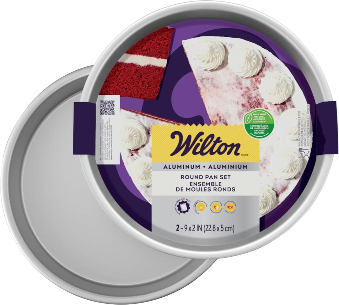 Wilton Aluminum 2-Piece Round Cake Pan Set, Durable Anodized Bakeware for Tiered & Layered Cakes, Even Heating, Rust-Resistant, Professional Cake Baking Pans, 9 x 2 in, Packaging May Vary
