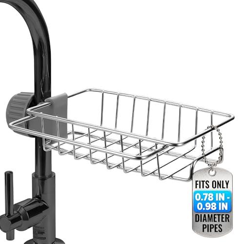 AZZORI Kitchen Sink Faucet Organizer - Stainless Steel Kitchen Sink Sponge Holder Around Faucet, Rust-Resistant, 360° Rotating Design (7.0" x 5.4" x 1.69") - Fits Only 0.78" - 0.98" Diameter Pipes